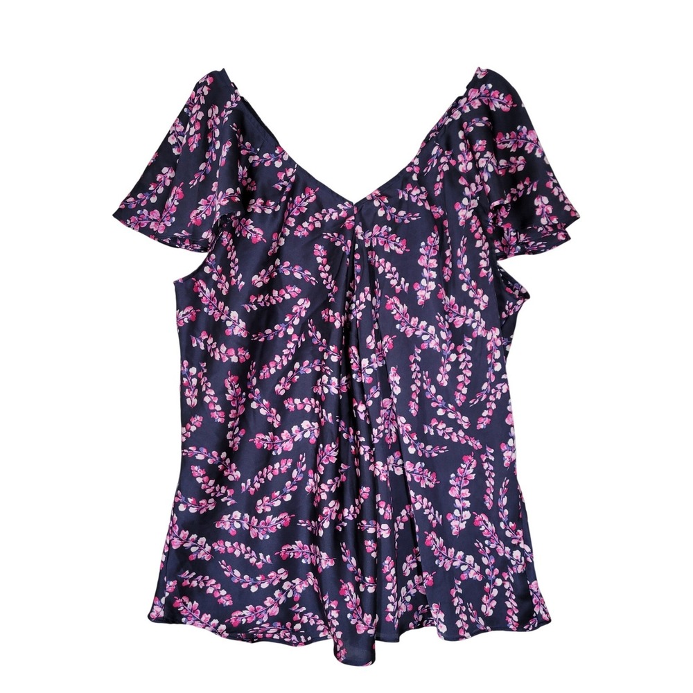 Amoureuse Satin Floral Blouse Womens 1X 22/24 Navy Pink V-Neck Top